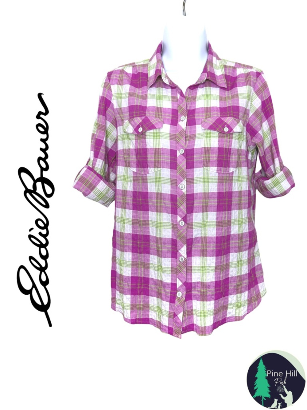 Eddie Bauer Crinkle Plaid Shirt Purple Green Lightweight Roll Tab Petite Medium